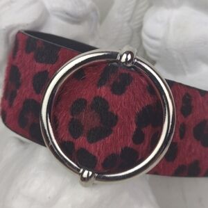 Red Leopard Print Faux Fur Hide Cuff Bracelet with Silver Ring Focal Point